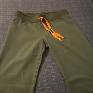 Figs Olive Green Straight-Leg Scrub Pants with Orange Drawstring